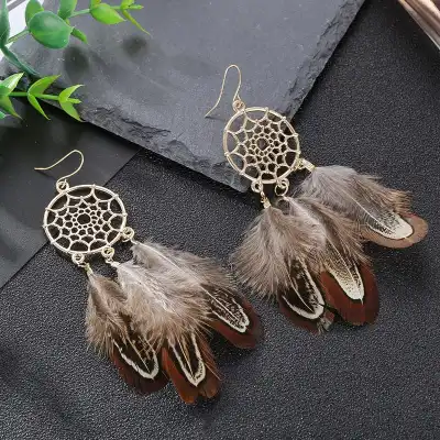 Women Unique Dreamcatcher Design Leaf Feather Earrings