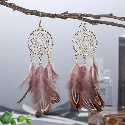 Women Unique Dreamcatcher Design Leaf Feather Earrings