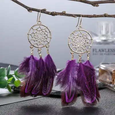 Women Unique Dreamcatcher Design Leaf Feather Earrings