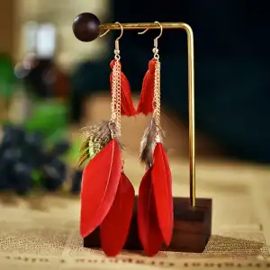 Women Unique Tassel Feather Design Earrings Alloy