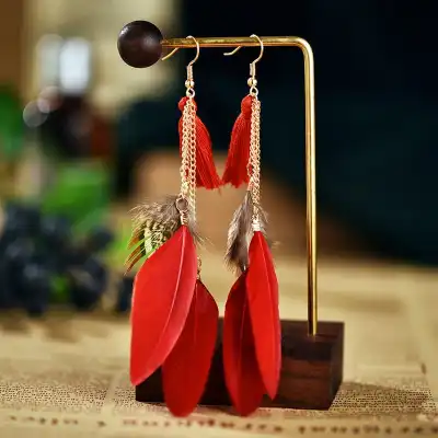 Women Unique Tassel Feather Design Earrings Alloy