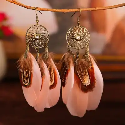 Women Fashion Hollow Out Tassel Feather Drop Earrings