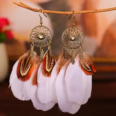 Women Fashion Hollow Out Tassel Feather Drop Earrings