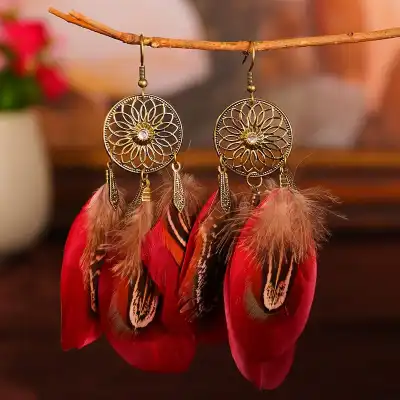 Women Fashion Hollow Out Tassel Feather Drop Earrings