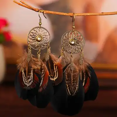 Women Fashion Hollow Out Tassel Feather Drop Earrings