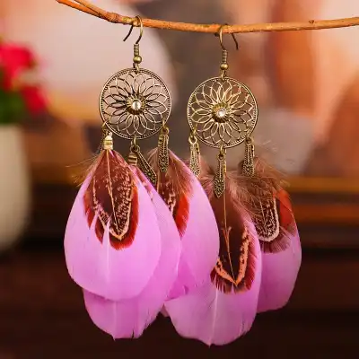 Women Fashion Hollow Out Tassel Feather Drop Earrings