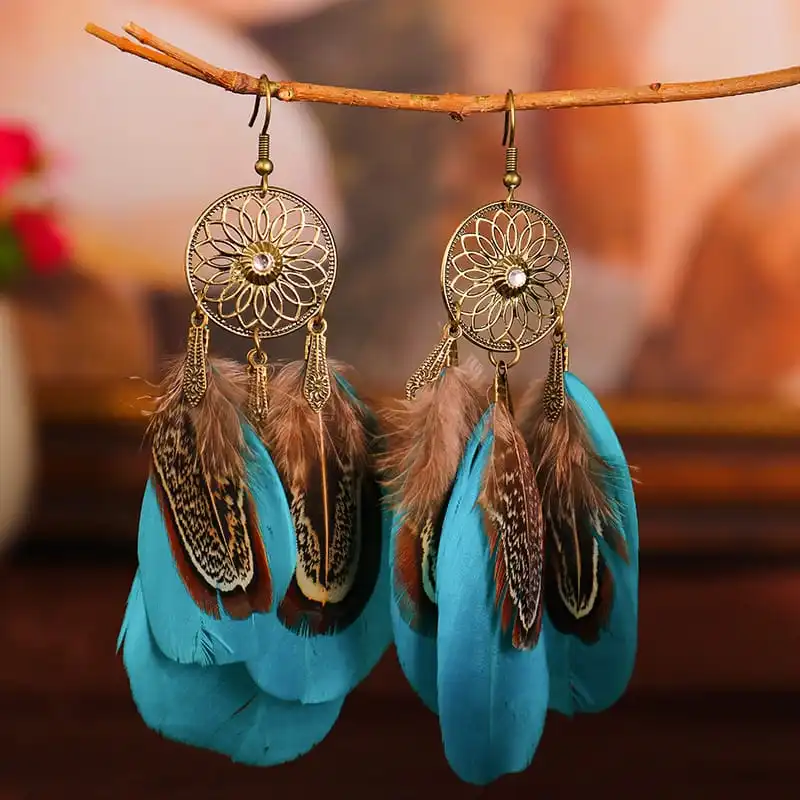 Women Fashion Hollow Out Tassel Feather Drop Earrings