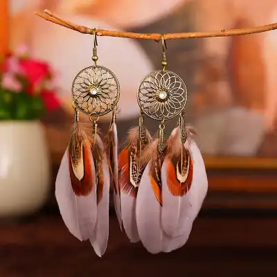 Women Fashion Hollow Out Tassel Feather Drop Earrings