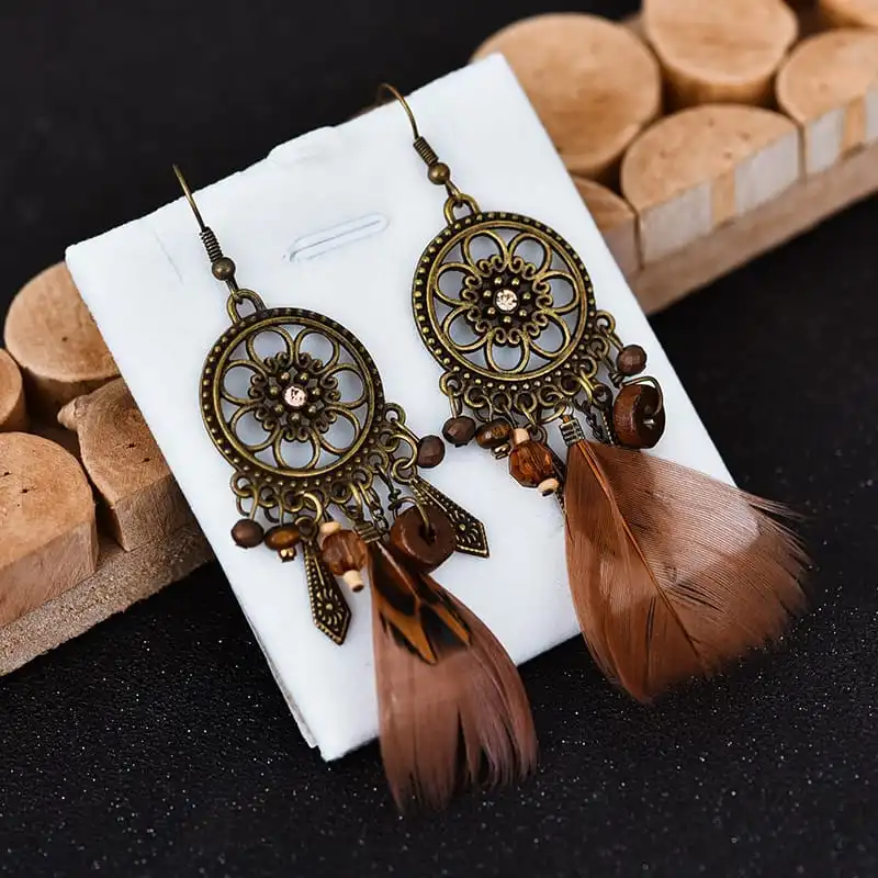 Women Retro Flower Shaped Design Feather Drop Earrings Alloy