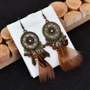 Women Retro Flower Shaped Design Feather Drop Earrings Alloy