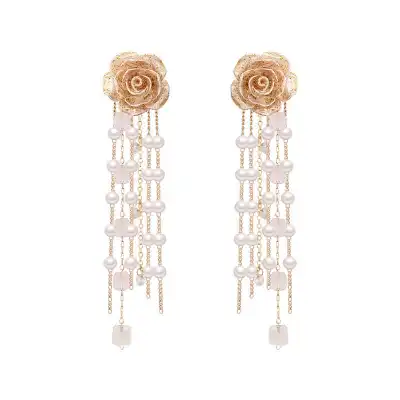 Women Retro Flower Shaped Pearl Decorative Tassel Earrings