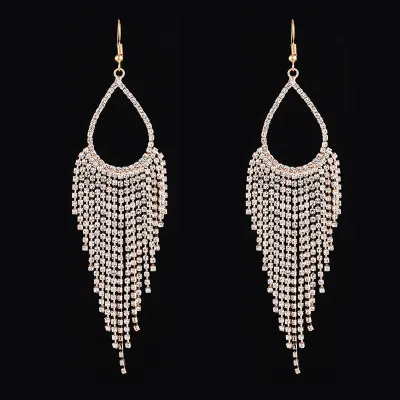 Women Water Drop Shaped Tassel Rhinestone Earrings
