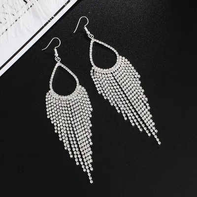 Women Water Drop Shaped Tassel Rhinestone Earrings