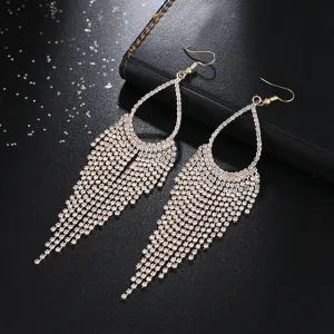 Women Water Drop Shaped Tassel Rhinestone Earrings