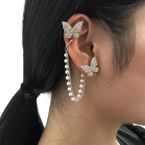 Women Temperament Pearl And Butterfly Decorative Ear Clip Set