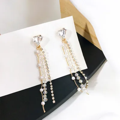 Women Temperament Pearl And Rhinestone Decorative Tassel Earrings