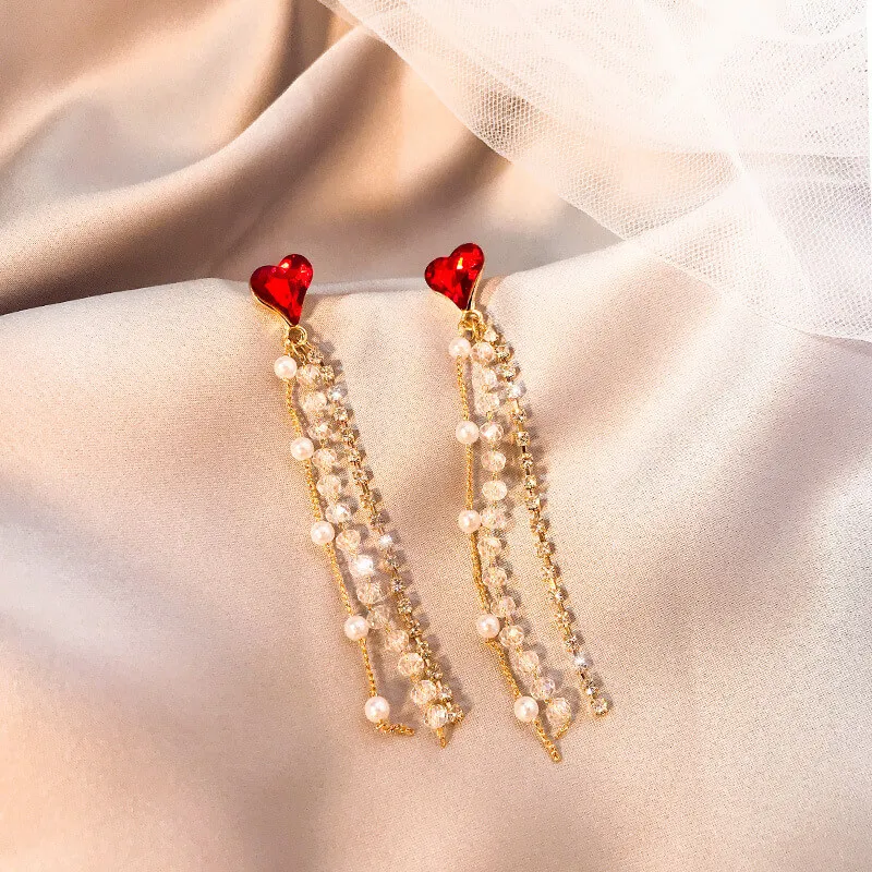 Women Temperament Pearl And Rhinestone Decorative Tassel Earrings