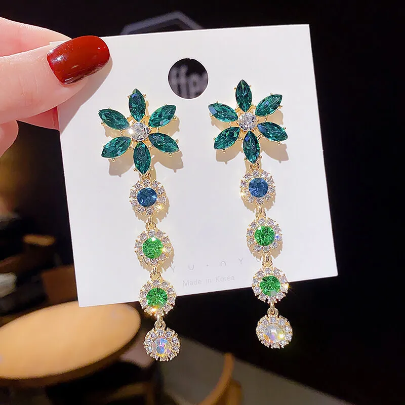 Retro Flower And Circle String Shape Color Rhinestones Dangle Earrings