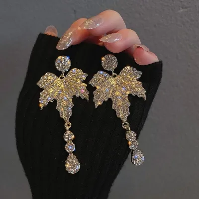 Women's Temperament Maple Leaf Design Rhinestone Decorative Earrings