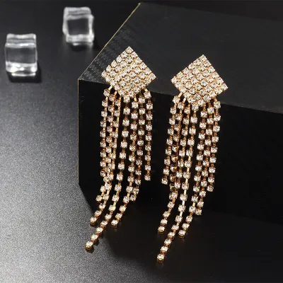 Women Simple Rhombus Design Full Rhinestone Decorative Tassel Drop Earrings