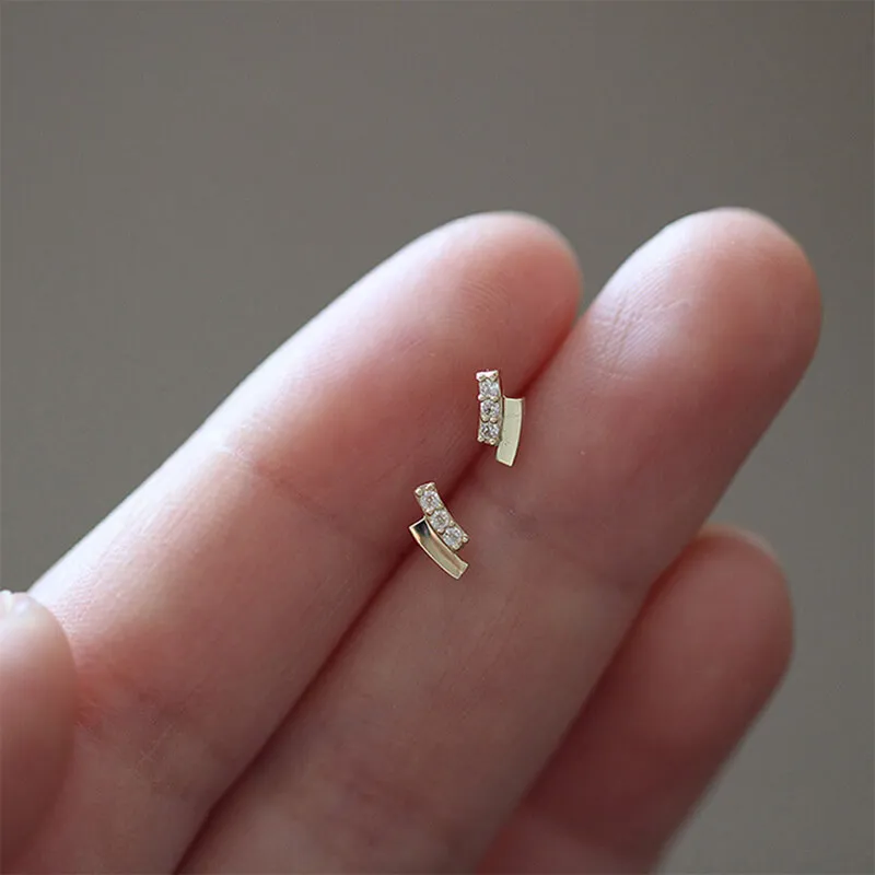 Mini Double Row Arc Design Rhinestone Decorative Silver Ear Stud for Women