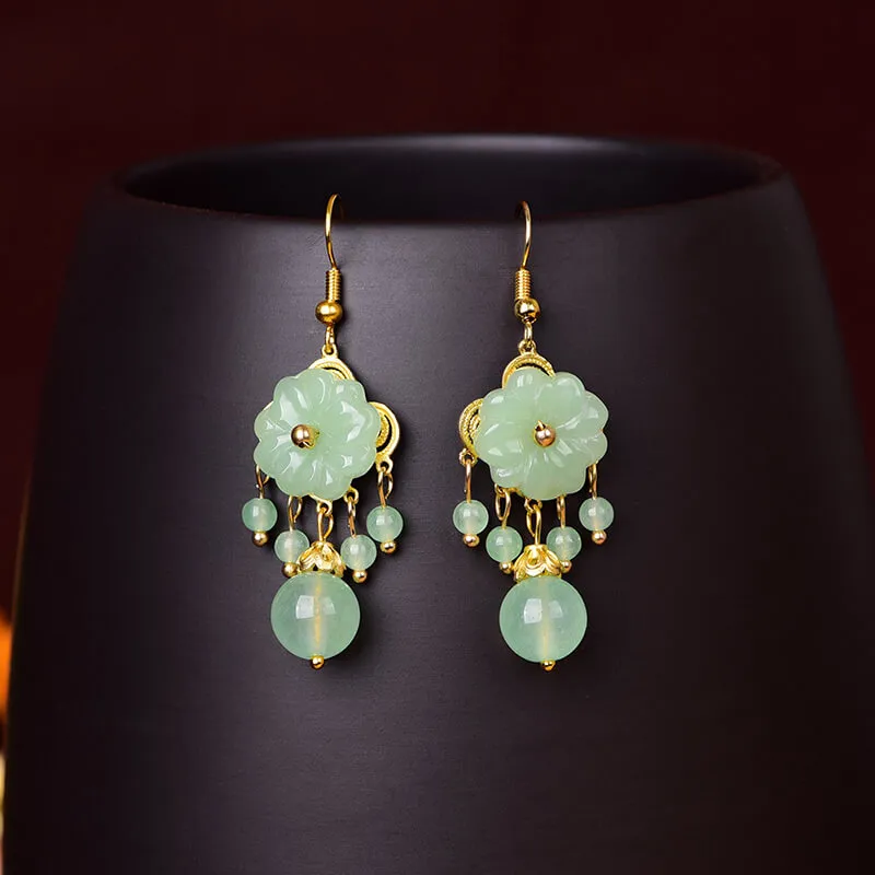 Women Retro Flower Shaped Small Tassel Design Earrings Gem Fashion OL