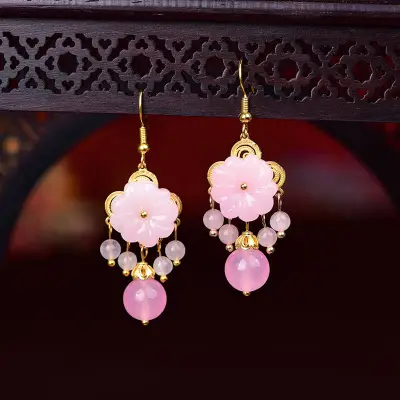 Women Retro Flower Shaped Small Tassel Design Earrings Gem Fashion OL