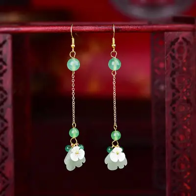 Women Vintage Glass Flower Shaped Pendant Long Earrings