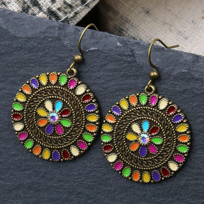 Women Retro Oil Drip Design Round Shaped Earrings