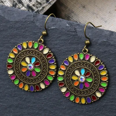 Women Retro Oil Drip Design Round Shaped Earrings