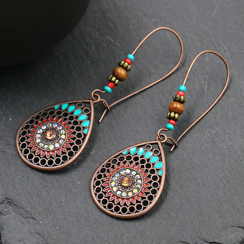 Women Ethnic Style Hollow Out Water Drop Drop Earrings