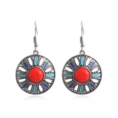 Women Retro Round Hollow Out Design Earrings
