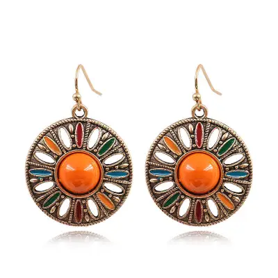 Women Retro Round Hollow Out Design Earrings