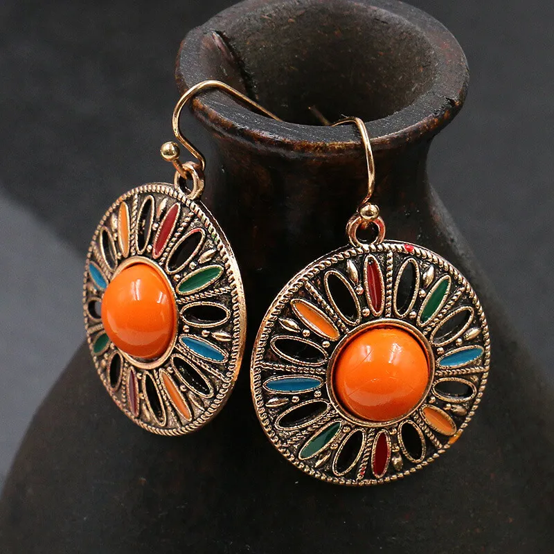 Women Retro Round Hollow Out Design Earrings