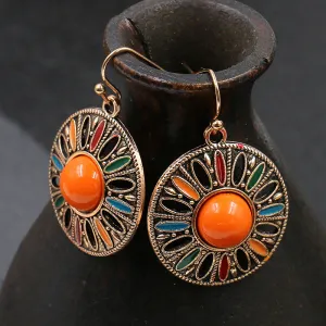Women Retro Round Hollow Out Design Earrings