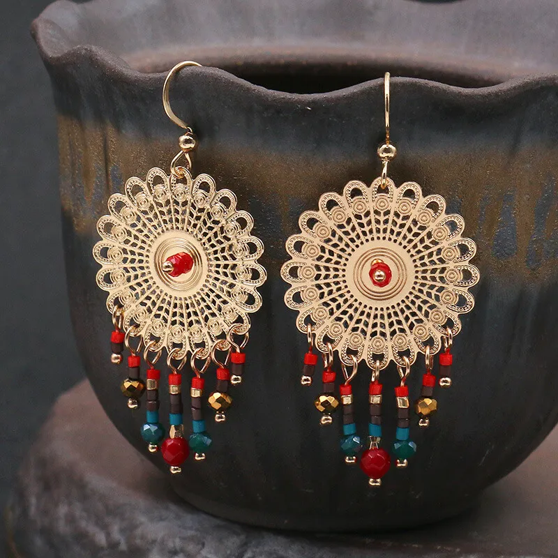 Women Bohemia Style Tassel Alloy Round Earrings
