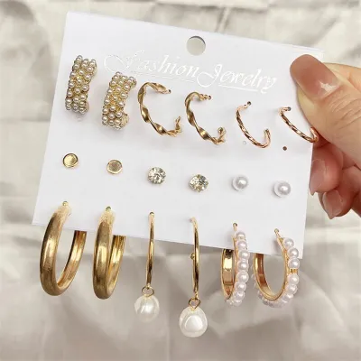 Women's Fashion Multi Element Geometric Crystal Earrings Set