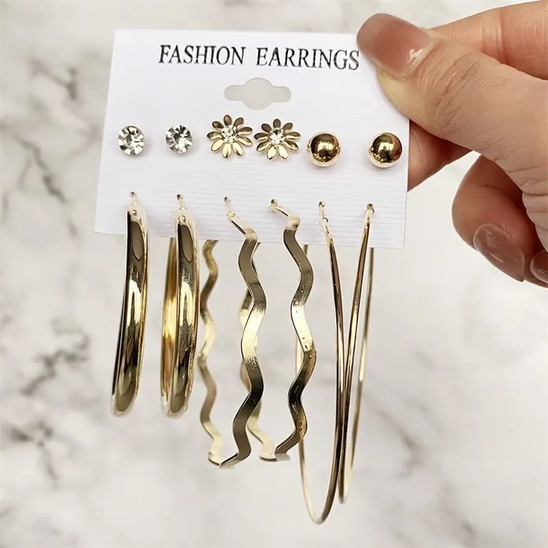 Women's Fashion Multi Element Geometric Crystal Earrings Set