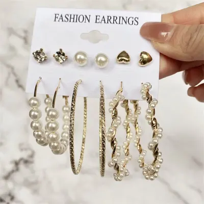 Women Fashion Pearl Decorate Earrings Set Alloy Plastic