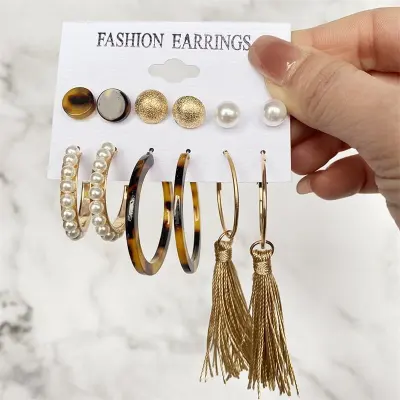Women Fashion Geometric Pearl Decorate Earrings Set