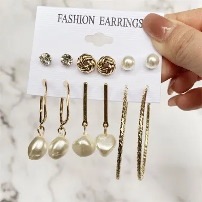 Women Fashion Geometric Pearl Decorate Earrings Set