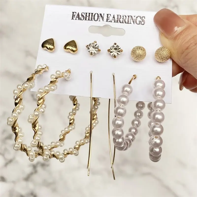 Women Rhinestone Pearl Dangle Earrings Set Temperament