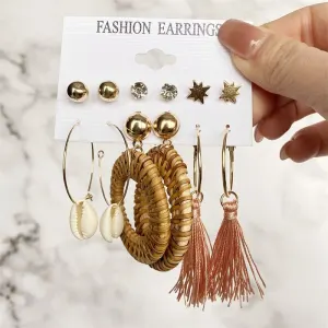 Women Unique Geometric Design Earrings Set Alloy Plastic Rhinestone