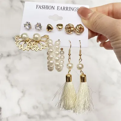 Women Unique Geometric Design Earrings Set Alloy Plastic Rhinestone