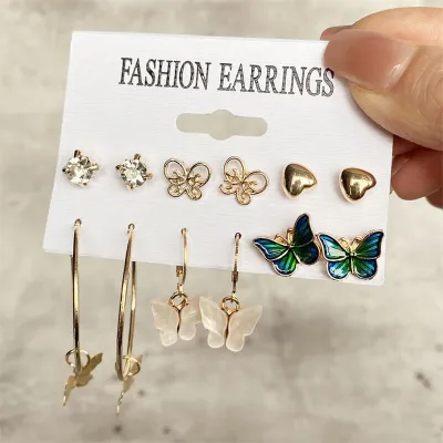 Women Unique Geometric Design Earrings Set Alloy Plastic Rhinestone