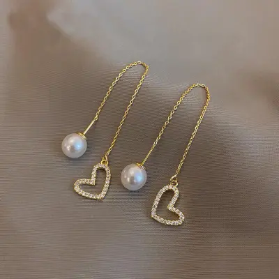 Women Fashion Heart Shaped Pearl Decorate Earrings