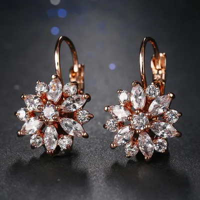 Women Fashion Flower Shape Zircon Decorate Earrings Geometric Metal Earrings
