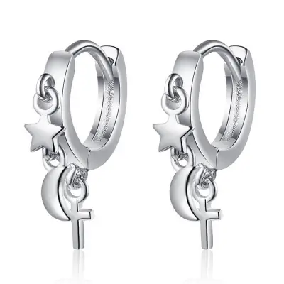 Women Minimalist Star Moon And Cross Shape Pendant Hoop Earrings