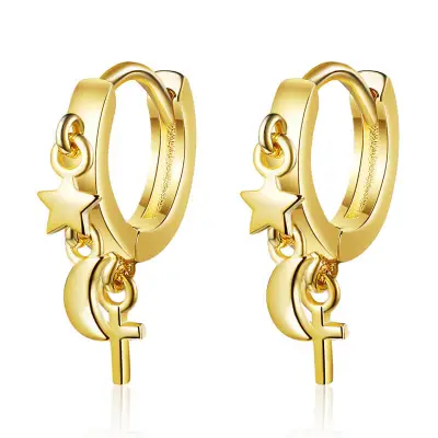 Women Minimalist Star Moon And Cross Shape Pendant Hoop Earrings