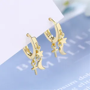 Women Minimalist Star Moon And Cross Shape Pendant Hoop Earrings